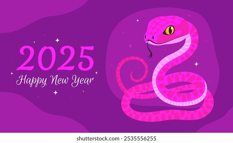 Happy 2025 New Year of the Snake, Lunar New Year or Chinese New Year. Zodiac animal cartoon character. Greeting card or banner with cute pink snake, purple background.