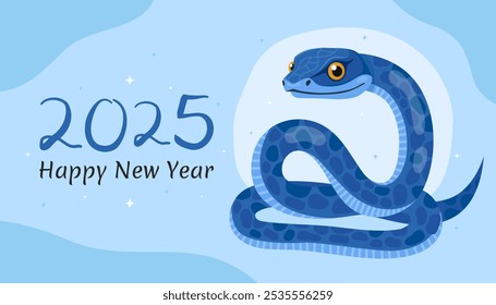 Happy 2025 New Year of the Snake, Lunar New Year or Chinese New Year. Zodiac animal cartoon character. Greeting card or banner with cute blue snake, light blue background.