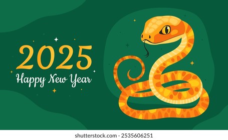 Happy 2025 New Year of the Snake, Lunar New Year or Chinese New Year. Zodiac animal cartoon character. Greeting card or banner with cute yellow snake, dark green background.