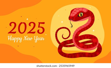 Happy 2025 New Year of the Snake, Lunar New Year or Chinese New Year. Zodiac animal cartoon character. Greeting card or banner with cute red snake, yellow background.