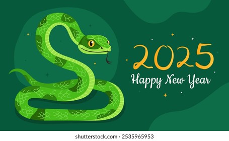 Happy 2025 New Year of the Snake, Lunar New Year or Chinese New Year. Zodiac animal cartoon character. Greeting card or banner with cute green snake, dark green background.