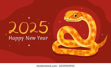 Happy 2025 New Year of the Snake, Lunar New Year or Chinese New Year. Zodiac animal cartoon character. Greeting card or banner with cute yellow snake, red background.