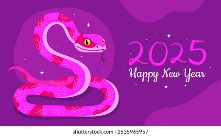 Happy 2025 New Year of the Snake, Lunar New Year or Chinese New Year. Zodiac animal cartoon character. Greeting card or banner with cute pink snake, purple background.