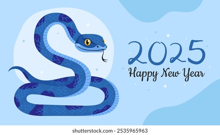 Feliz año 2025 Nuevo año de la serpiente, año Nuevo lunar o año Nuevo chino. Personaje de dibujos animados de animales del zodiaco. Tarjeta de felicitación o Anuncio con la serpiente azul linda, fondo azul claro.