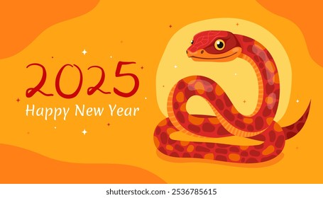 Happy 2025 New Year of the Snake, Lunar New Year or Chinese New Year. Zodiac animal cartoon character. Greeting card or banner with cute red snake, yellow background.