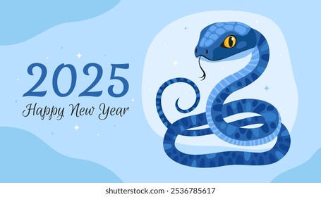 Happy 2025 New Year of the Snake, Lunar New Year or Chinese New Year. Zodiac animal cartoon character. Greeting card or banner with cute blue snake, light blue background.