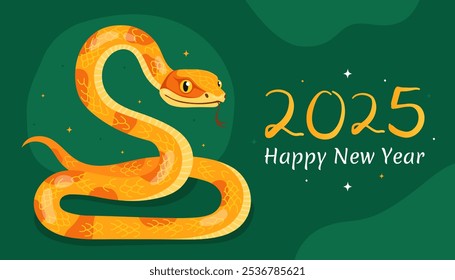 Happy 2025 New Year of the Snake, Lunar New Year or Chinese New Year. Zodiac animal cartoon character. Greeting card or banner with cute yellow snake, dark green background.