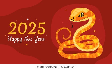 Happy 2025 New Year of the Snake, Lunar New Year or Chinese New Year. Zodiac animal cartoon character. Greeting card or banner with cute yellow snake, red background.