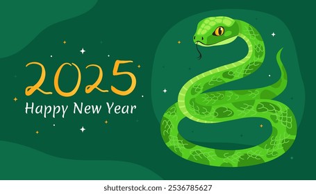 Happy 2025 New Year of the Snake, Lunar New Year or Chinese New Year. Zodiac animal cartoon character. Greeting card or banner with cute green snake, dark green background.