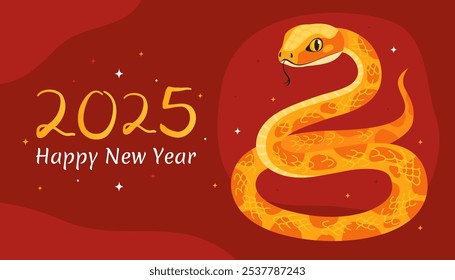 Happy 2025 New Year of the Snake, Lunar New Year or Chinese New Year. Zodiac animal cartoon character. Greeting card or banner with cute yellow snake, red background.