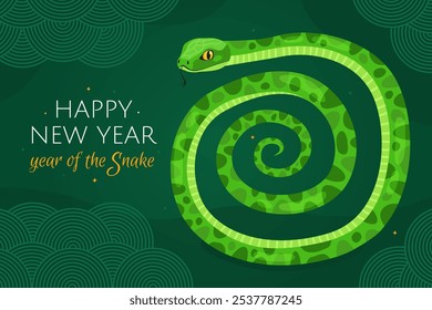 Happy 2025 New Year of the Snake, Lunar New Year or Chinese New Year. Zodiac animal cartoon character. Cute green snake in spiral shape, green background. Greeting card or banner.