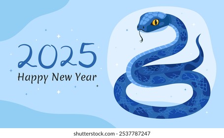 Happy 2025 New Year of the Snake, Lunar New Year or Chinese New Year. Zodiac animal cartoon character. Greeting card or banner with cute blue snake, light blue background.