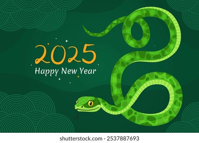 Happy 2025 New Year of the Snake, Lunar New Year or Chinese New Year. Zodiac animal cartoon character. Greeting card or banner with cute green snake, dark green background.