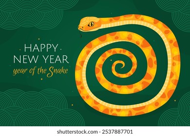 Happy 2025 New Year of the Snake, Lunar New Year or Chinese New Year. Zodiac animal cartoon character. Golden snake in spiral shape, dark green background. Greeting card or banner.