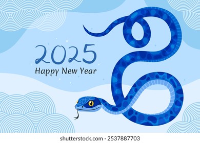 Happy 2025 New Year of the Snake, Lunar New Year or Chinese New Year. Zodiac animal cartoon character. Greeting card or banner with cute blue snake, light blue background.