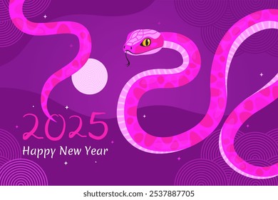 Happy 2025 New Year of the Snake, Lunar New Year or Chinese New Year. Pink curved snake and full moon on a purple background. Greeting card or banner. Zodiac animal cartoon character.