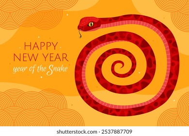 Happy 2025 New Year of the Snake, Lunar New Year or Chinese New Year. Zodiac animal cartoon character. Red snake in spiral shape, bright yellow background. Greeting card or banner.