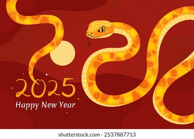 Happy 2025 New Year of the Snake, Lunar New Year or Chinese New Year. Yellow curved snake and full moon on a red background. Greeting card or banner. Zodiac animal cartoon character.