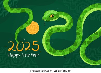 Feliz año 2025 Nuevo año de la serpiente, año Nuevo lunar o año Nuevo chino. Serpiente curva verde y luna llena sobre un fondo verde. Tarjeta de felicitación o Anuncio. Personaje de dibujos animados de animales del zodiaco.