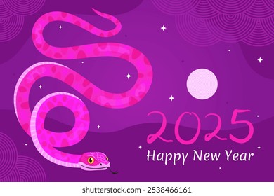 Happy 2025 New Year of the Snake, Lunar New Year or Chinese New Year. Pink curved snake and full moon on a purple background. Greeting card or banner. Zodiac animal cartoon character.