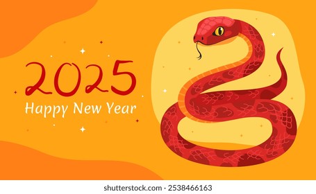 Happy 2025 New Year of the Snake, Lunar New Year or Chinese New Year. Zodiac animal cartoon character. Greeting card or banner with cute red snake, yellow background.