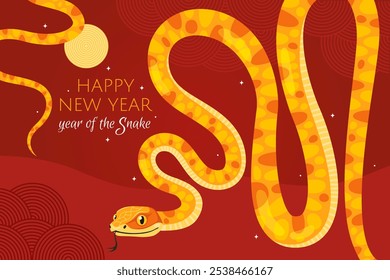 Happy 2025 New Year of the Snake, Lunar New Year or Chinese New Year. Yellow curved snake and full moon on a red background. Greeting card or banner. Zodiac animal cartoon character.