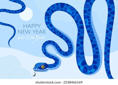 Happy 2025 New Year of the Snake, Lunar New Year or Chinese New Year. Blue curved snake and full moon on a light blue background. Greeting card or banner. Zodiac animal cartoon character.