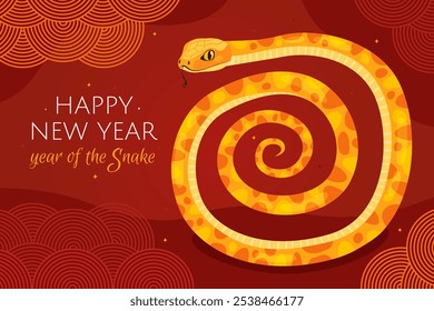 Happy 2025 New Year of the Snake, Lunar New Year or Chinese New Year. Zodiac animal cartoon character. Yellow snake in spiral shape, red background. Greeting card or banner.