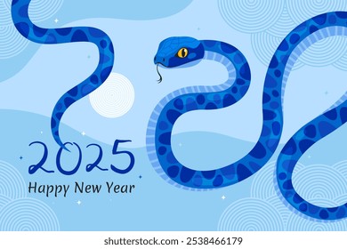 Feliz Ano Novo 2025 da Cobra, Ano Novo Lunar ou Ano Novo Chinês. Cobra curvada azul e lua cheia em um fundo azul claro. Cartão de saudação ou faixa. Personagem de desenho animado animal do zodíaco.