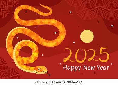 Feliz Ano Novo 2025 da Cobra, Ano Novo Lunar ou Ano Novo Chinês. Cobra curvada amarela e lua cheia sobre um fundo vermelho. Cartão de saudação ou faixa. Personagem de desenho animado animal do zodíaco.