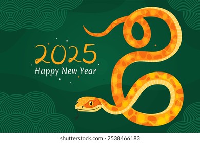 Feliz Ano Novo 2025 da Cobra, Ano Novo Lunar ou Ano Novo Chinês. Personagem de desenho animado animal do zodíaco. Cartão ou banner com cobra amarela bonito, fundo verde escuro.