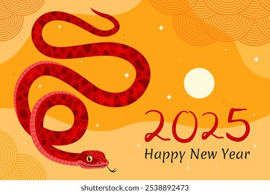 Happy 2025 New Year of the Snake, Lunar New Year or Chinese New Year. Red curved snake and full moon on a yellow background. Greeting card or banner. Zodiac animal cartoon character.