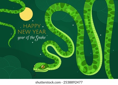 Happy 2025 New Year of the Snake, Lunar New Year or Chinese New Year. Green curved snake and full moon on a green background. Greeting card or banner. Zodiac animal cartoon character.