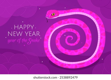 Feliz año 2025 Nuevo año de la serpiente, año Nuevo lunar o año Nuevo chino. Personaje de dibujos animados de animales del zodiaco. Serpiente rosa en forma de espiral, fondo púrpura. Tarjeta de felicitación o Anuncio.