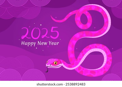 Happy 2025 New Year of the Snake, Lunar New Year or Chinese New Year. Zodiac animal cartoon character. Greeting card or banner with cute pink snake, purple background.