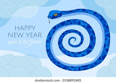 Happy 2025 New Year of the Snake, Lunar New Year or Chinese New Year. Zodiac animal cartoon character. Blue snake in spiral shape, yellow blue background. Greeting card or banner.