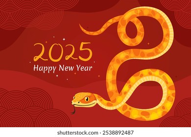 Happy 2025 New Year of the Snake, Lunar New Year or Chinese New Year. Zodiac animal cartoon character. Greeting card or banner with cute yellow snake, red background.