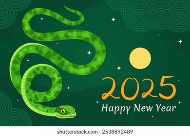 Happy 2025 New Year of the Snake, Lunar New Year or Chinese New Year. Green curved snake and full moon on a green background. Greeting card or banner. Zodiac animal cartoon character.