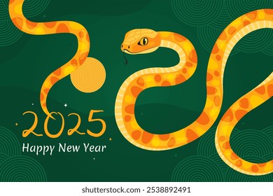 Happy 2025 New Year of the Snake, Lunar New Year or Chinese New Year. Yellow curved snake and full moon on a dark green background. Greeting card or banner. Zodiac animal cartoon character.