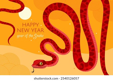 Happy 2025 New Year of the Snake, Lunar New Year or Chinese New Year. Red curved snake and full moon on a yellow background. Greeting card or banner. Zodiac animal cartoon character.