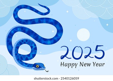 Happy 2025 New Year of the Snake, Lunar New Year or Chinese New Year. Blue curved snake and full moon on a light blue background. Greeting card or banner. Zodiac animal cartoon character.