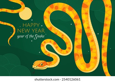 Happy 2025 New Year of the Snake, Lunar New Year or Chinese New Year. Yellow curved snake and full moon on a dark green background. Greeting card or banner. Zodiac animal cartoon character.