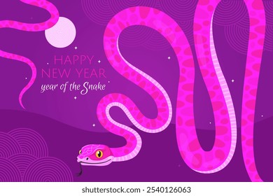 Feliz año 2025 Nuevo año de la serpiente, año Nuevo lunar o año Nuevo chino. Serpiente curvada rosa y luna llena sobre un fondo púrpura. Tarjeta de felicitación o Anuncio. Personaje de dibujos animados de animales del zodiaco.