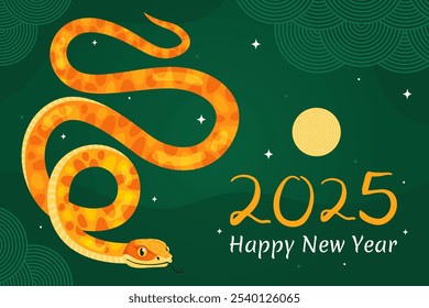 Happy 2025 New Year of the Snake, Lunar New Year or Chinese New Year. Yellow curved snake and full moon on a dark green background. Greeting card or banner. Zodiac animal cartoon character.