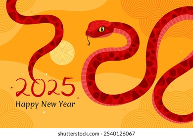 Happy 2025 New Year of the Snake, Lunar New Year or Chinese New Year. Red curved snake and full moon on a yellow background. Greeting card or banner. Zodiac animal cartoon character.