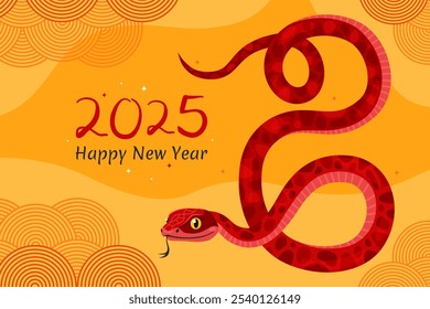 Happy 2025 New Year of the Snake, Lunar New Year or Chinese New Year. Zodiac animal cartoon character. Greeting card or banner with cute red snake, yellow background.