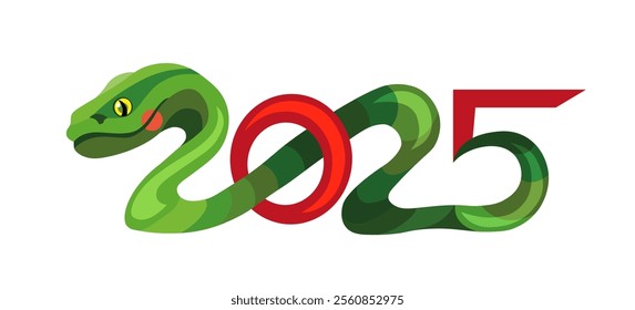 Happy 2025 New Year of the Snake, Lunar New Year or Chinese New Year. Green curved snake and full moon on a green background. Greeting card or banner. Zodiac animal cartoon character.