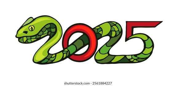 Happy 2025 New Year of the Snake, Lunar New Year or Chinese New Year. Green curved snake and full moon on a green background. Greeting card or banner. Zodiac animal cartoon character.