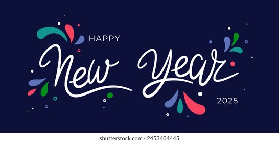 Happy 2025 New Year Vector lettering on dark background. Holiday design for greeting card, invitation, calendar, banner. Beautiful New Year inscription