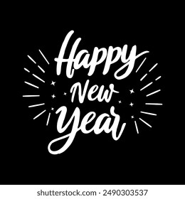 Happy 2025 New Year Vector Design. festive New Year's greeting card with elegant calligraphy with stars, sparkles, and bursts of light around the text